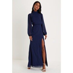 Lulus Graceful Entrance Navy Blue Long Sleeve Backless Maxi Dress - Size M